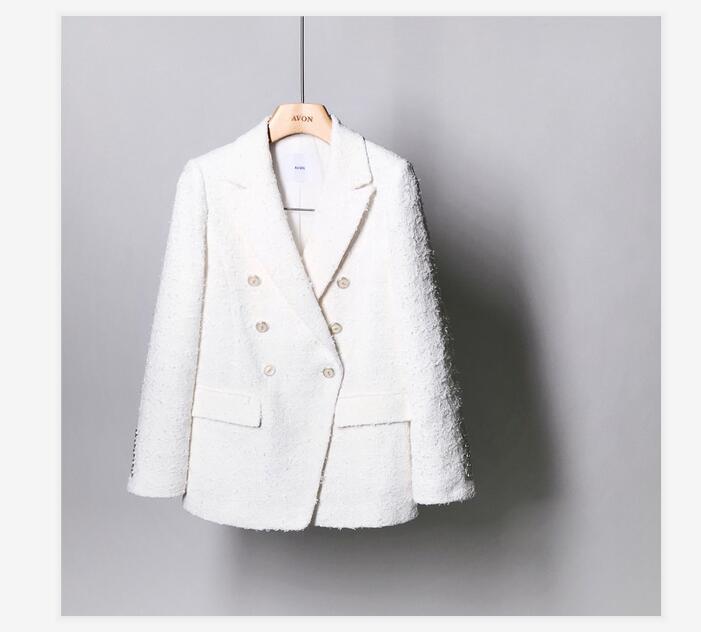 Spring autumn new womens turn down collar solid color double breasted tweed woolen loose coat blazer long casacos SMLXL