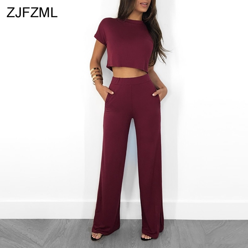 ZJFZML Summer 2 Piece Matching Sets Women O Neck Short Sleeve Crop Top+Full Length Wide Leg Pant Casual Solid Two Pieces Outfits