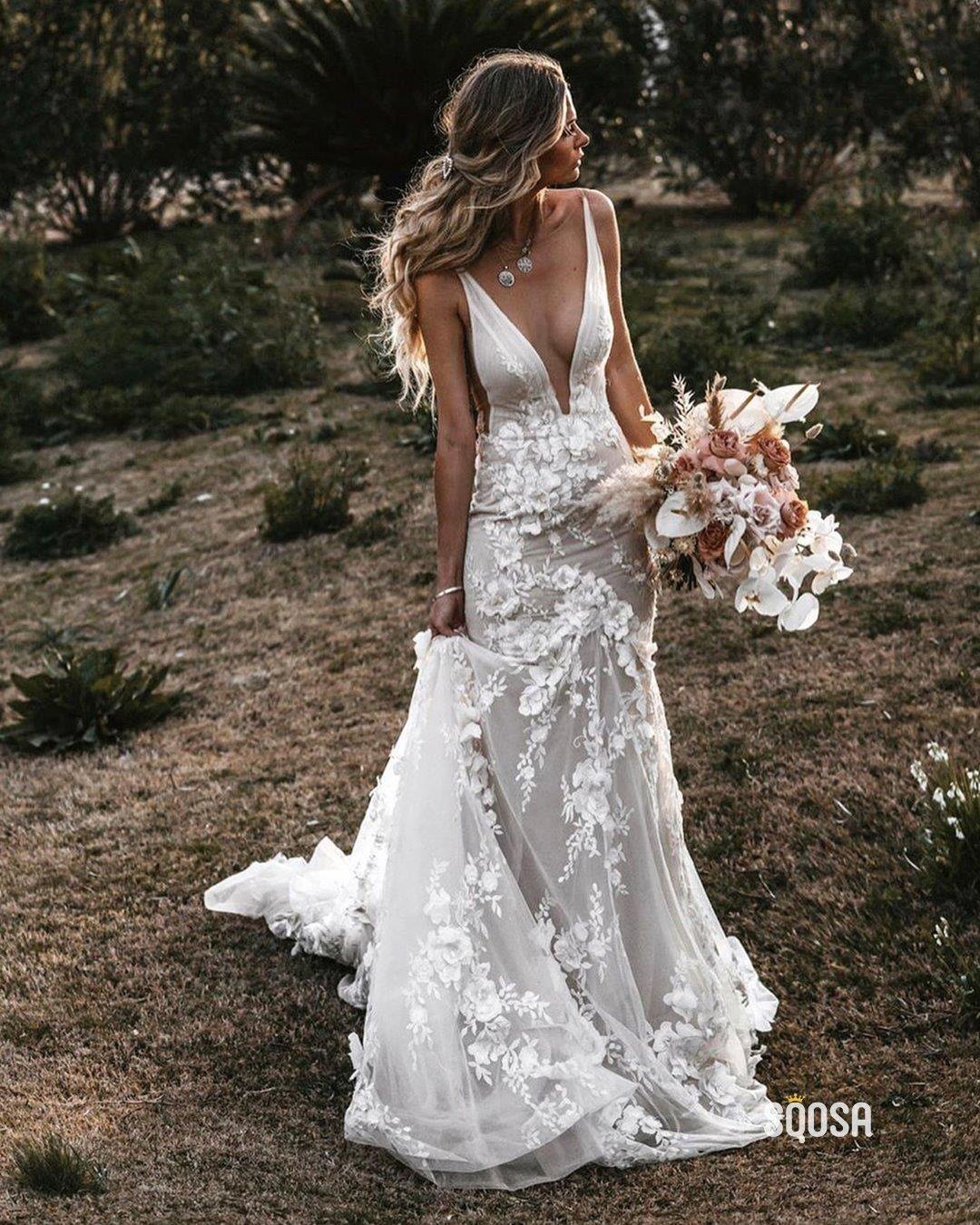 country mermaid wedding dresses 3d floral lace appliqued sexy deep v neck backless court train ivory vintage bridal gowns
