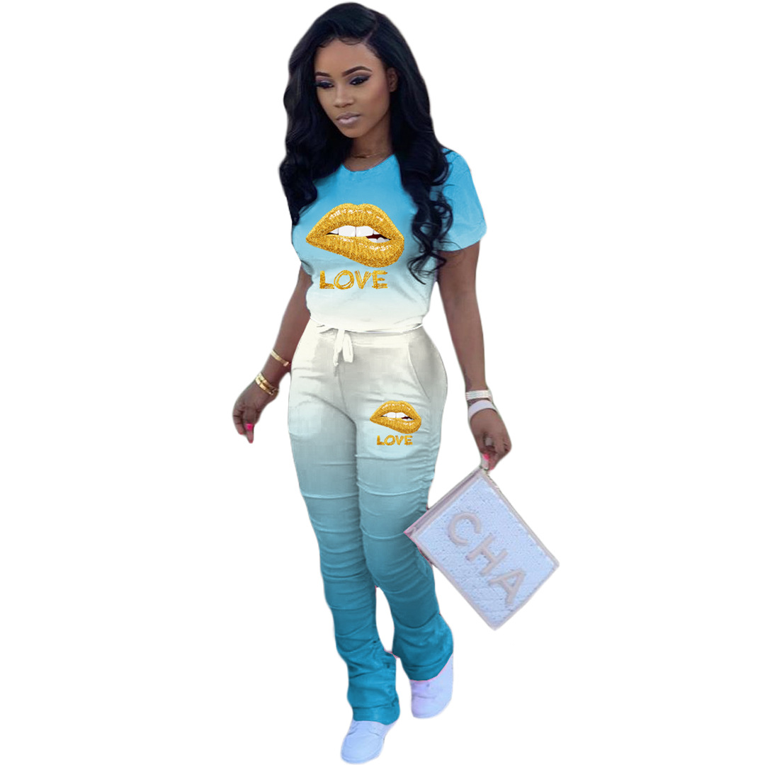 Spot Pants European and American Fashion street models positioning gradient lips letter folds two casual suits