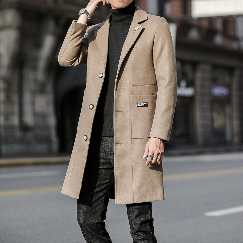 Red Long Woolen Trench Coat Men's Winter Warm Elegant Steampunk Korean Style Overcoat B4