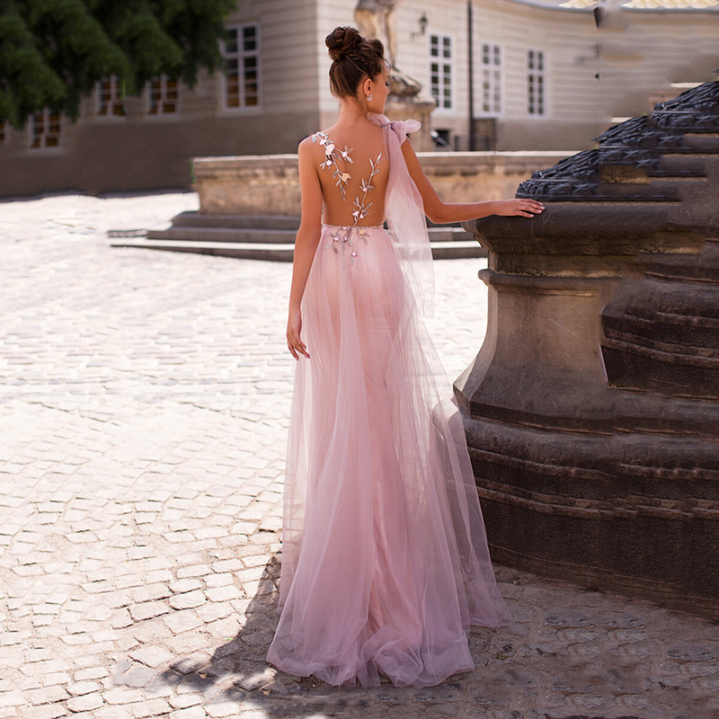 2021 Sexy Sheer Backless Pink Mermaid Prom Dresses Tulle Lace Long Formal Evening Gowns Appliques 3D Floral Floor Length Pageant Dress