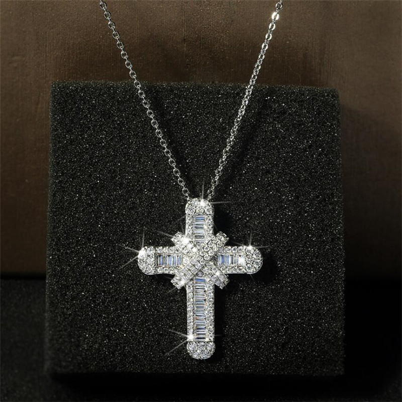 Sterg Sier Cross Pendant Necklace with White Sapphire CZ Dia for Women - Hip Hop Vintage Fashion Jewelry 491a