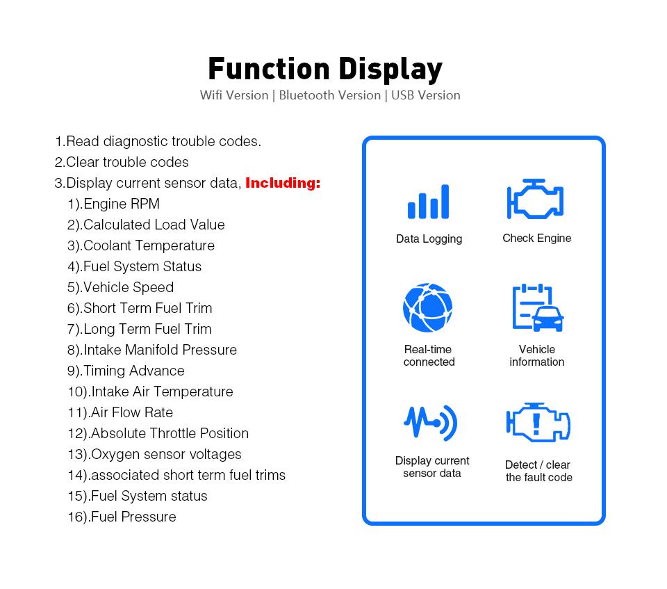 OBD2 ELM327 V1.5 Bluetooth/WIFI Car Diagnostic Tool ELM 327 OBD Code Reader Chip PIC18F25K80 Work Android/IOS/Windows 12V Car