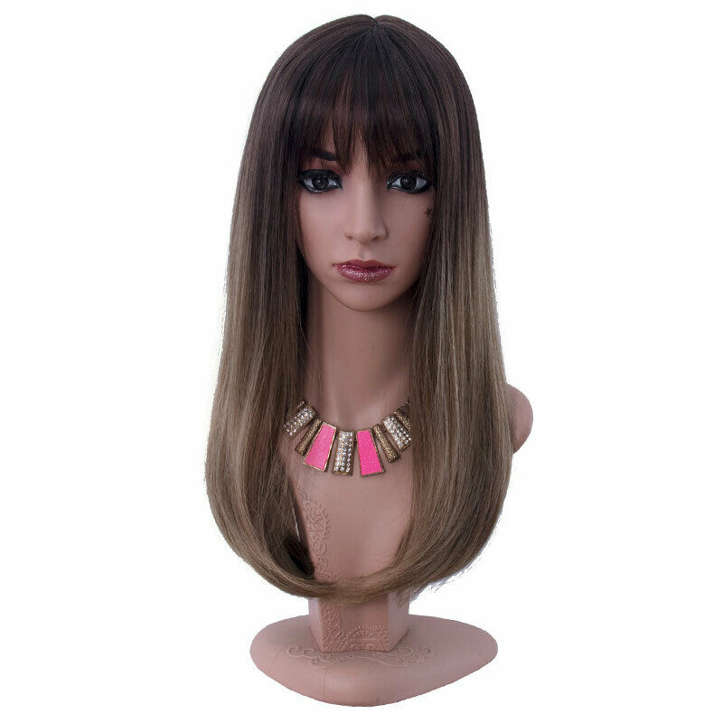 Mid Long Straight Natural Hair with Bangs Brown Ombre Cosplay Wigs For Women US