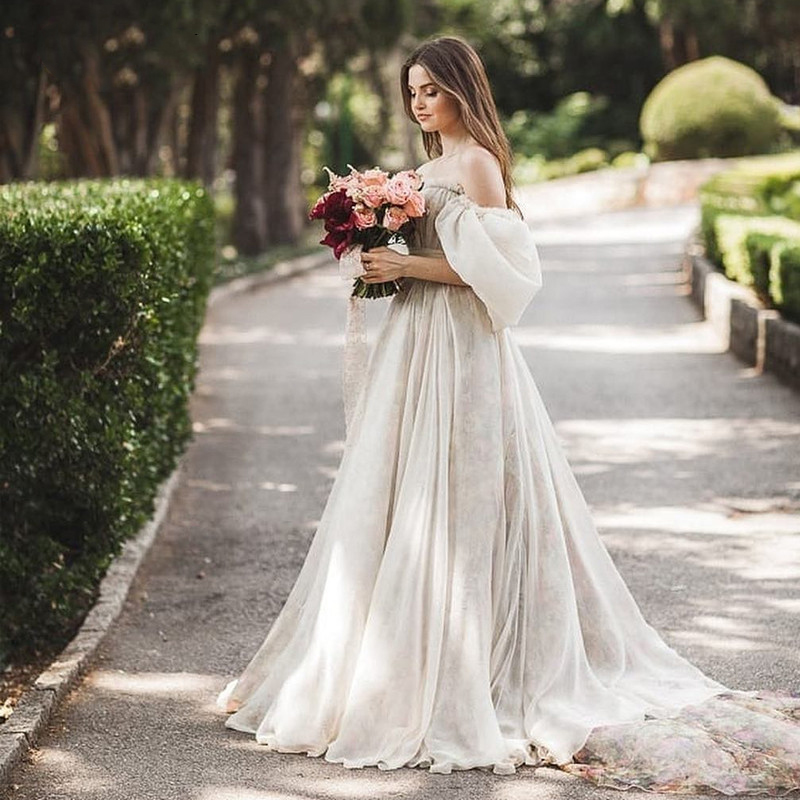 Vintage Off The Shoulder Princess Wedding Sweetheart Appliqued Puff Sleeves Bride Dress Long A e Backless Boho Bridal Gown