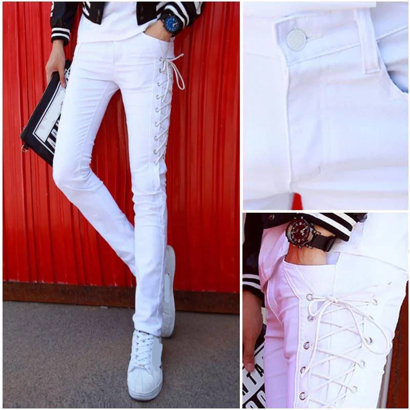Idopy Fashion Slim Fit Pants Steampunk Black Patchwork Stretchy Lace Up Dance Night Club Gothic Button Jeans Trouser For Men MX200814