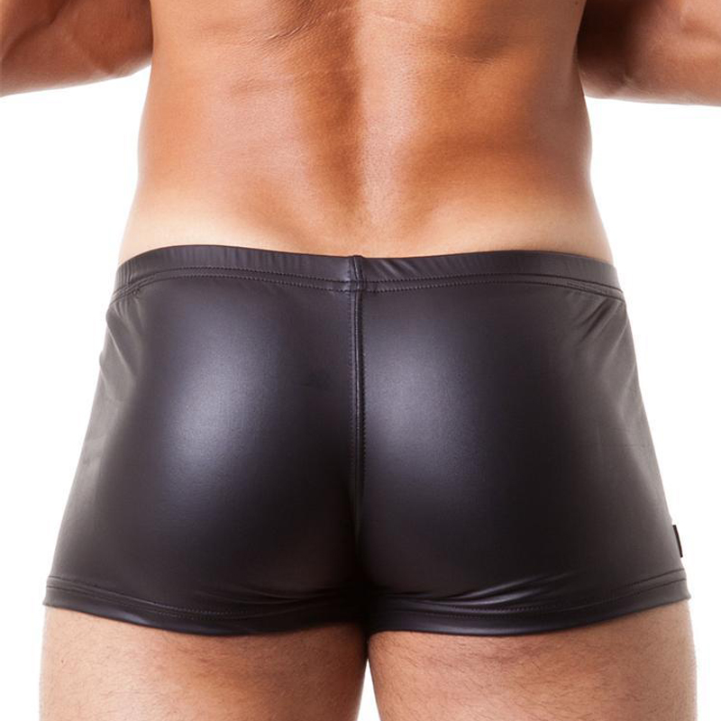 ANNJOLI Japanned Men Sexy Ring Boxer Shorts Faux Leather Men Gold Underpants Leather Trunks Fashion Male Silver Underwear