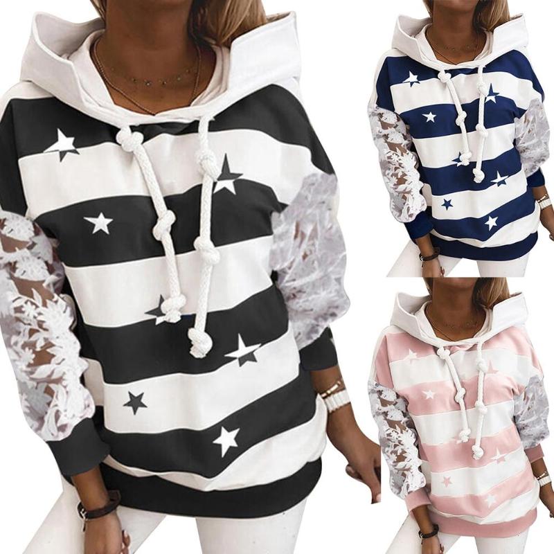 2020 Autumn Winter Women Casual Lace Patchwork Long Sleeve Star Stripe Loose Hoodie Sweatshirt, Black
2020 Autumn Winter Women Casual Lace Patchwork Long Sleeve Star Stripe Loose Hoodie Sweatshirt, Black