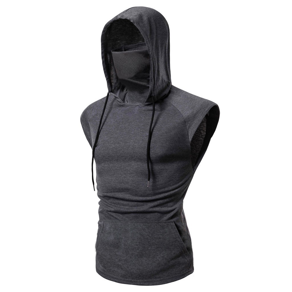 Men's Fashion Hooded Mask Tank Tops Hoodie Sleeveless Tops Male Bodybuilding Workout Tank Top Muscle Fitness Gym Clothing Summer MX200815