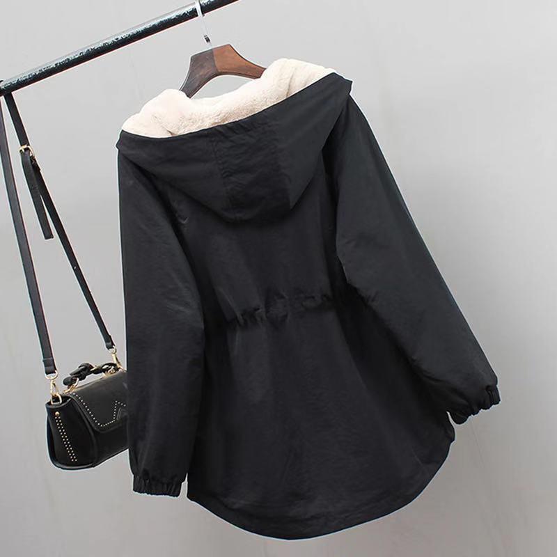 Vangull Thick Velet Women Trench Coat Hooded Collar Zipper loose Female Trench Plus Size Letter print Adjustable Waist Wind coat T200810