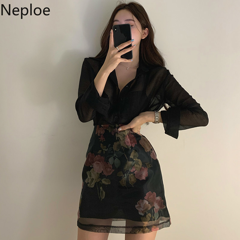 Neploe 2 Piece Set Women Korean Chic Transparent Long Sleeve Shirts+Flower Print High Waist A Line Skirts Fashion Suits 1B491
