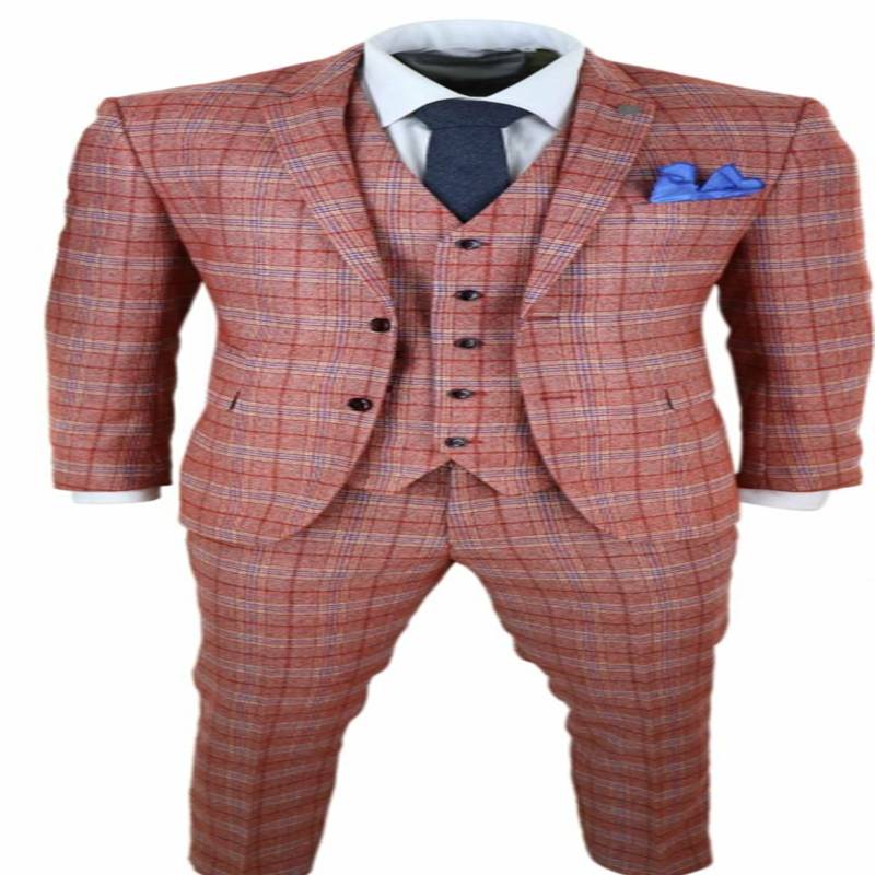 Burgundy Mens Suits 3 Piece Tweed Check Suit Herringbone Vintage Smart Wine Red Peaky Blinders Terno Masculino Bridegroom Suits