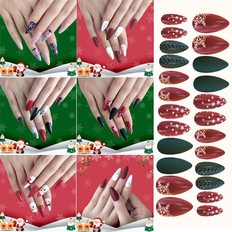 24Pcs/sheet Acrylic Full Cover Artificial Fake Nails DIY Christmas Tree Snowman Christmas Nail Art