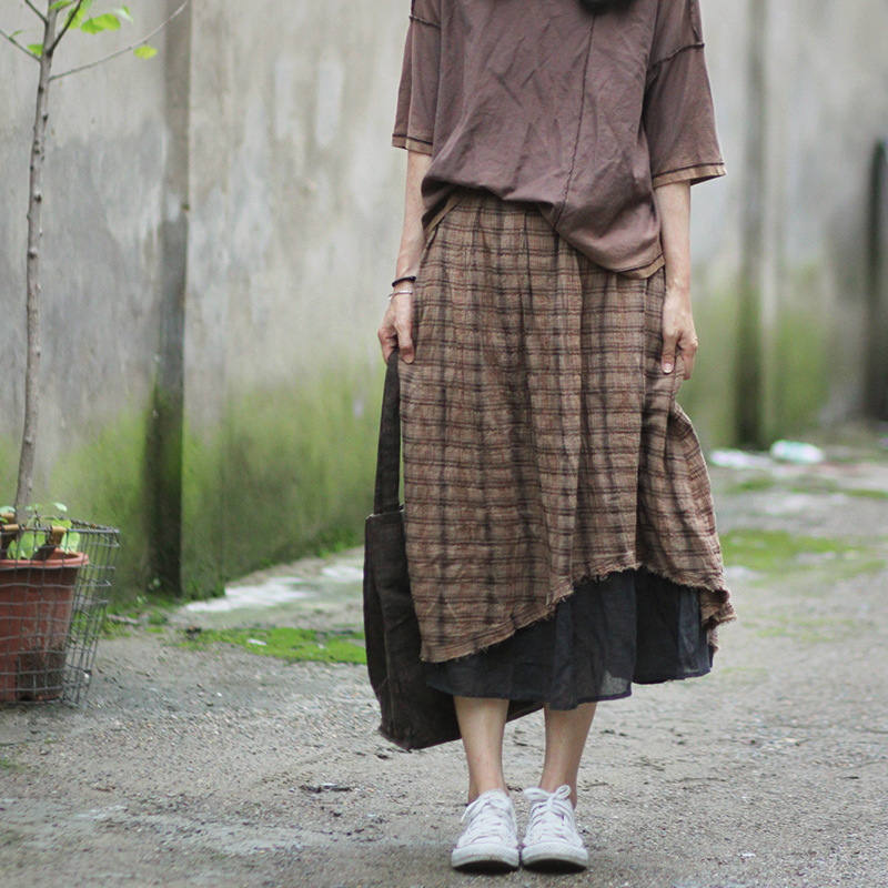 Women Cotton Linen Plaid Patchwork Irregular Length Skirts Ladies Double Layer Plaid Loose Skirts Female Vintage Flax, Brown
Women Cotton Linen Plaid Patchwork Irregular Length Skirts Ladies Double Layer Plaid Loose Skirts Female Vintage Flax, Brown