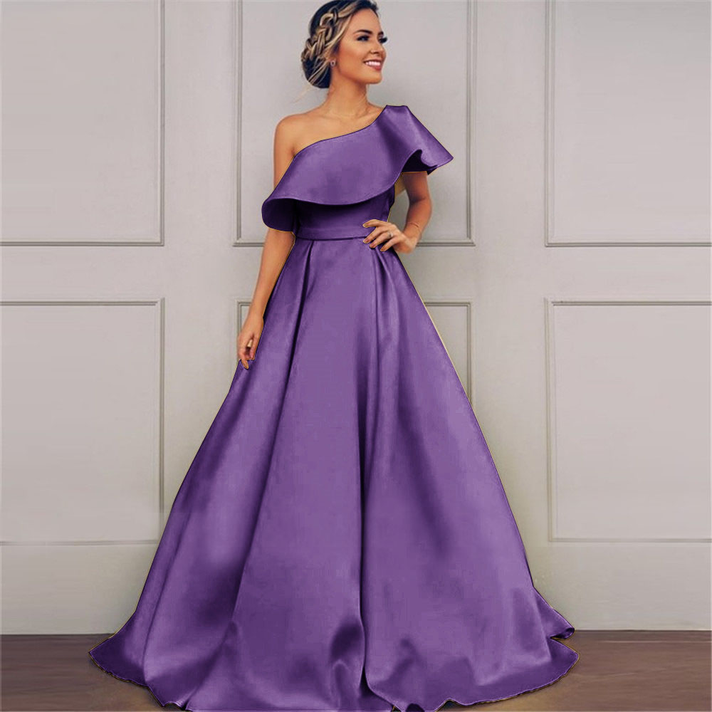 Elegant Yellow Evening Dress One Shoulder Ruched Satin Evening Gown Belt Prom Dress Shoulder Zipper Formal Gown Party Long
