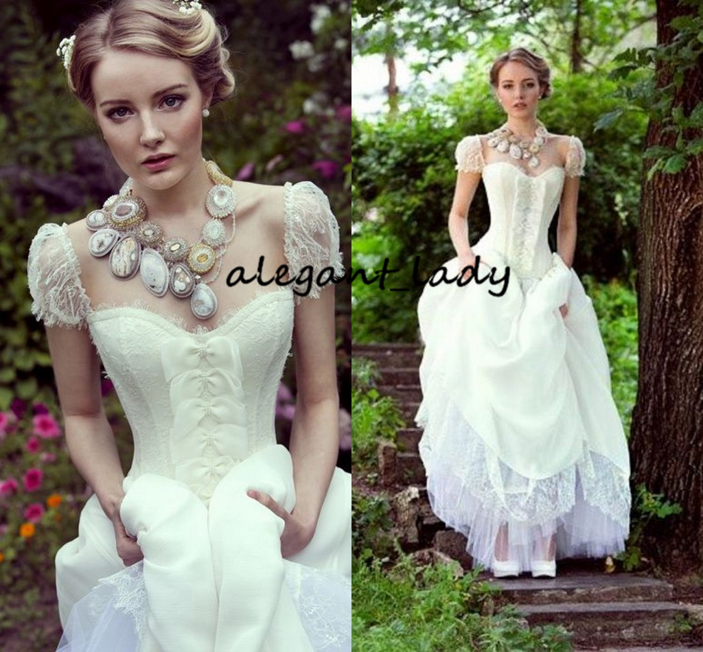 Princess Fairy Gothic Wedding Dresses 2023 Vintage Lace Square Cap Sleeve Boning Lace-up Corset Top Bride Wedding Gown