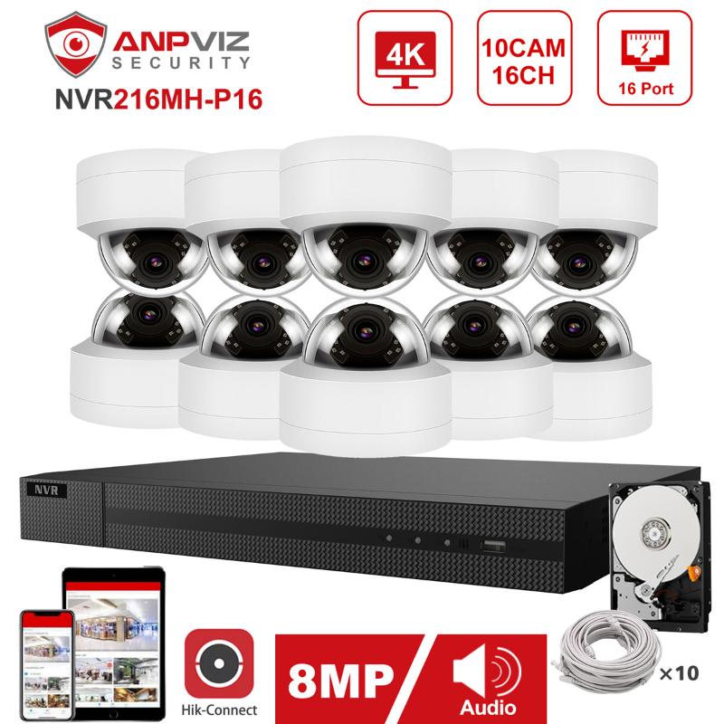 

Hikvision OEM 16CH 4K NVR Anpviz 8MP POE IP Camera 10pcs Indoor/Outdoor IP Camera CCTV Security Surveillance Kit IP66 30m P2P