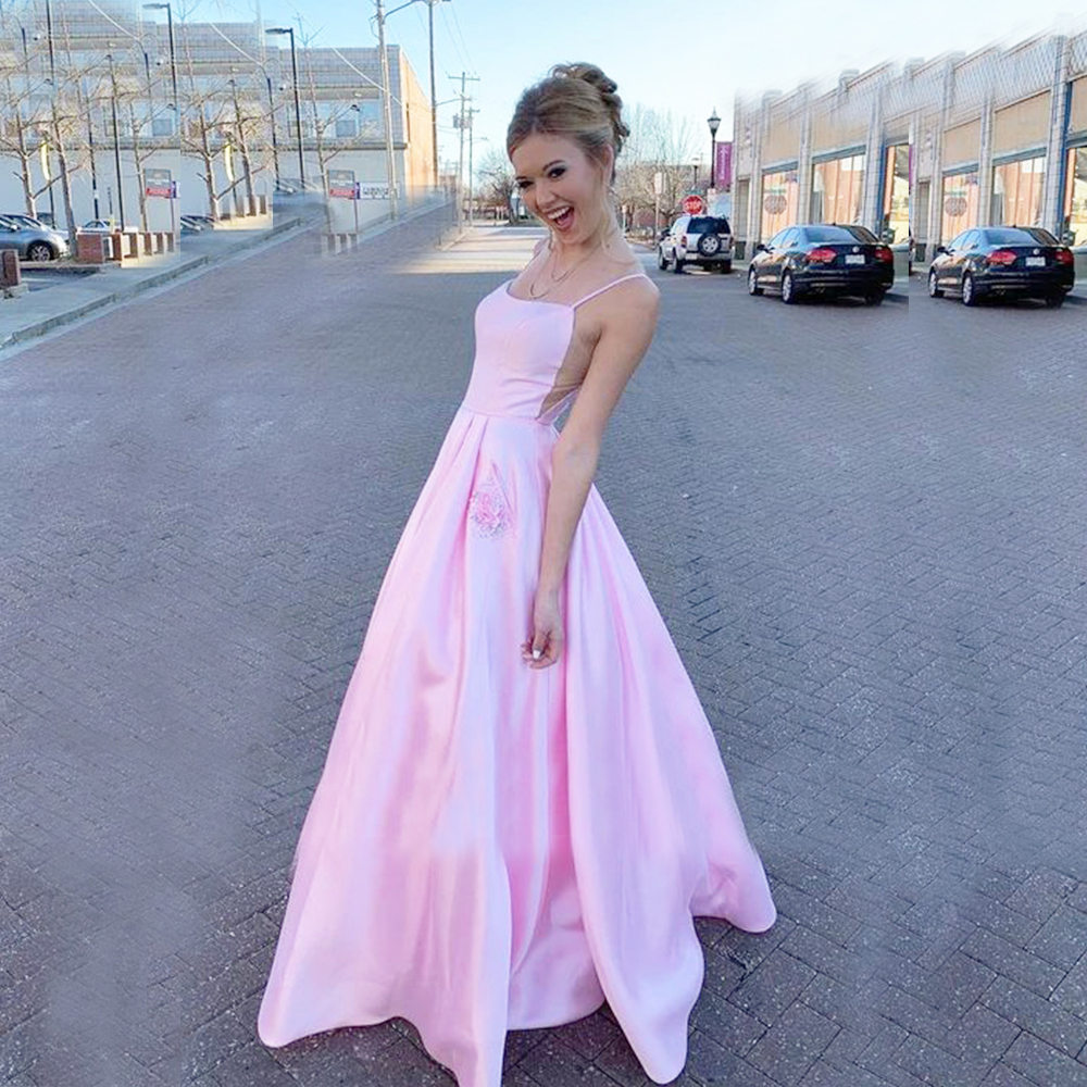 Pink Prom Dresses Long Side Triangle Vestidos de Graduación Sexy Satin Formal Evening Dress Pockets Open Back Prom Gown Floor