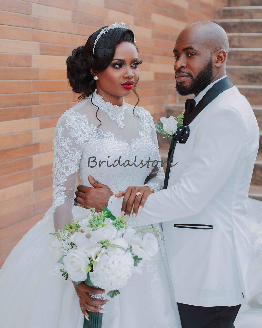 Aso Ebi Muslim Ball Gown Wedding Dresses Ivory High Neck Long Sleeve Lace Country Style Puffy African Wedding Dress 2020 vestidos de novia