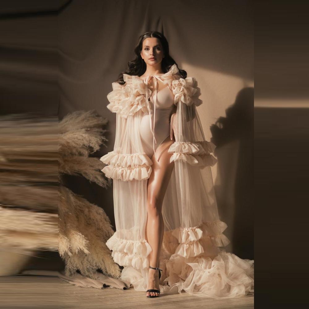 New Illusion Tiereds Ruffles Tulle Long Sleeve Plus Size Kimono Pregnant Party Sleepwear Women Bathrobe Sheer Nightgown Robe