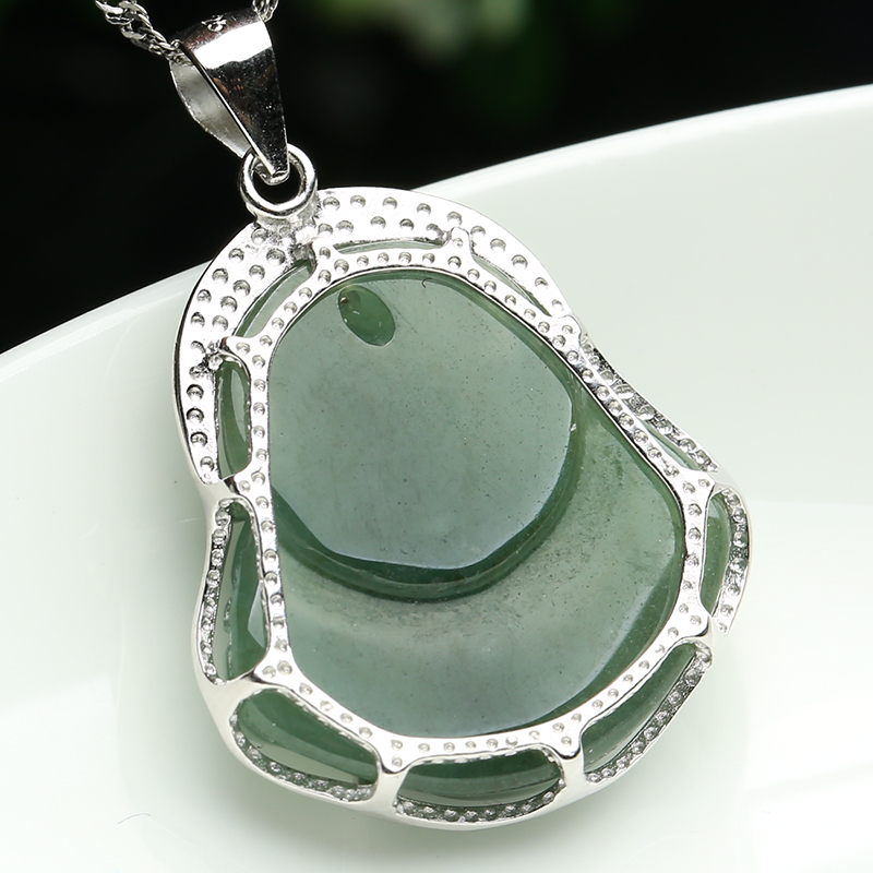 925 Pure Silverencrusted Jade Buddha Pendant Natural A Goods Myanmar Oil Emerald Male Necklaces Women