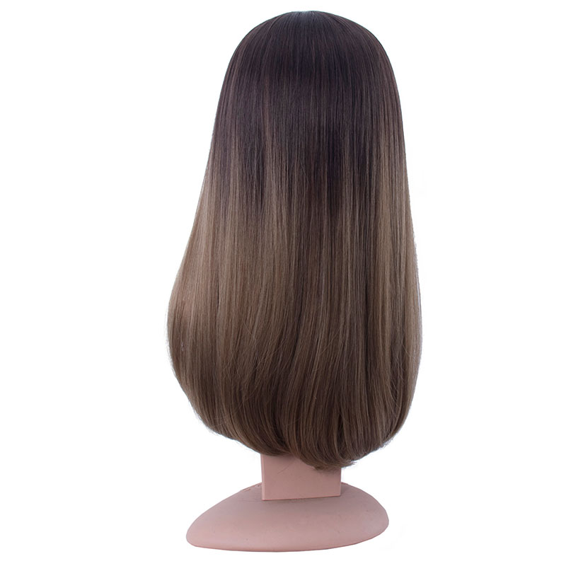 Mid Long Straight Natural Hair with Bangs Brown Ombre Cosplay Wigs For Women US