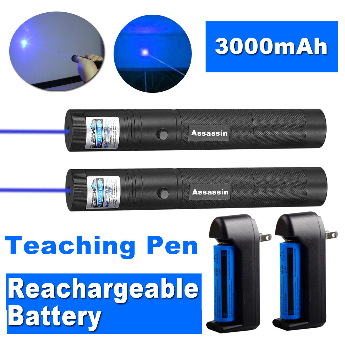 2PACK 301 Powerful Blue Violet Laser Pen Pointer 405nm Beam Light Teaching Focus Laser Pen+ 18650 button top Battery + Charger