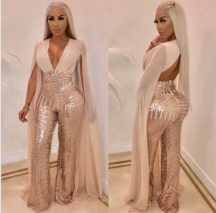 Glitter Sequins Beige Black Red A-line Women Jumpsuit Prom Dress Bling Long Sleeves Evening Dress Ankle-length Party Dress