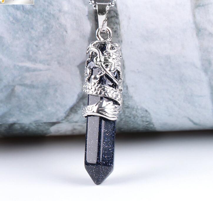 Tribal Totem Dragon Shaped Natural Stone Pendant Necklace Hexagon Aura Bullet Crystal Column Jewelry Couple Necklace LY022
