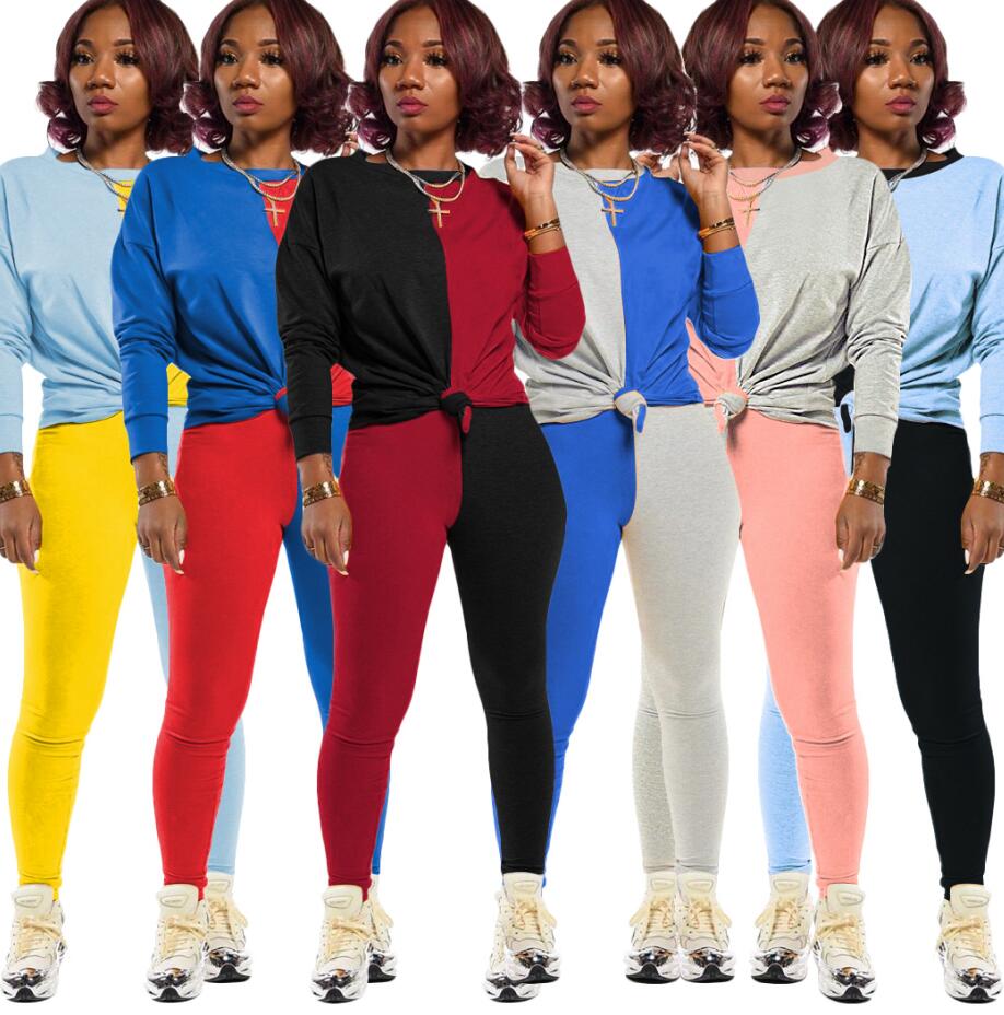 Femmes Survêtement Concepteurs manches longues T-shirt Pantalon Legging Automne Hiver Mode Contraste Couleur Patchwork Sport Deux Pièces Costume
