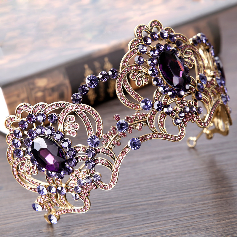 Purple flower crystal tiara bridal for wedding bride gold color rhinestone crown headband jewelry hair accessories Y200807