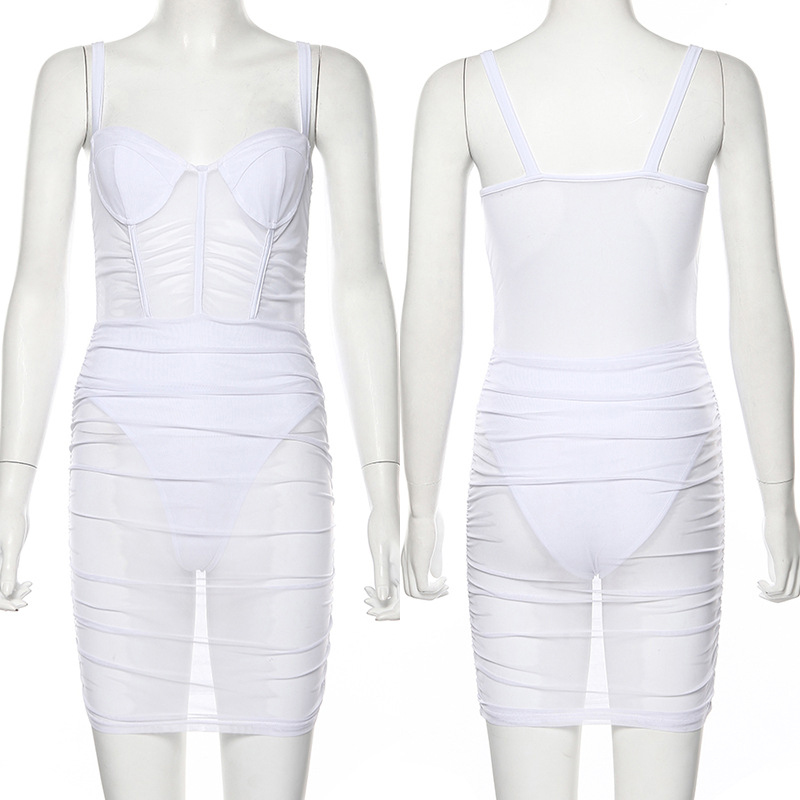 Casual Dresses Sexy Bodycon Mini Mesh Dress Kim Kardashian White Black Ruched See Through Party Night Club Women Spaghetti Strap Sundress