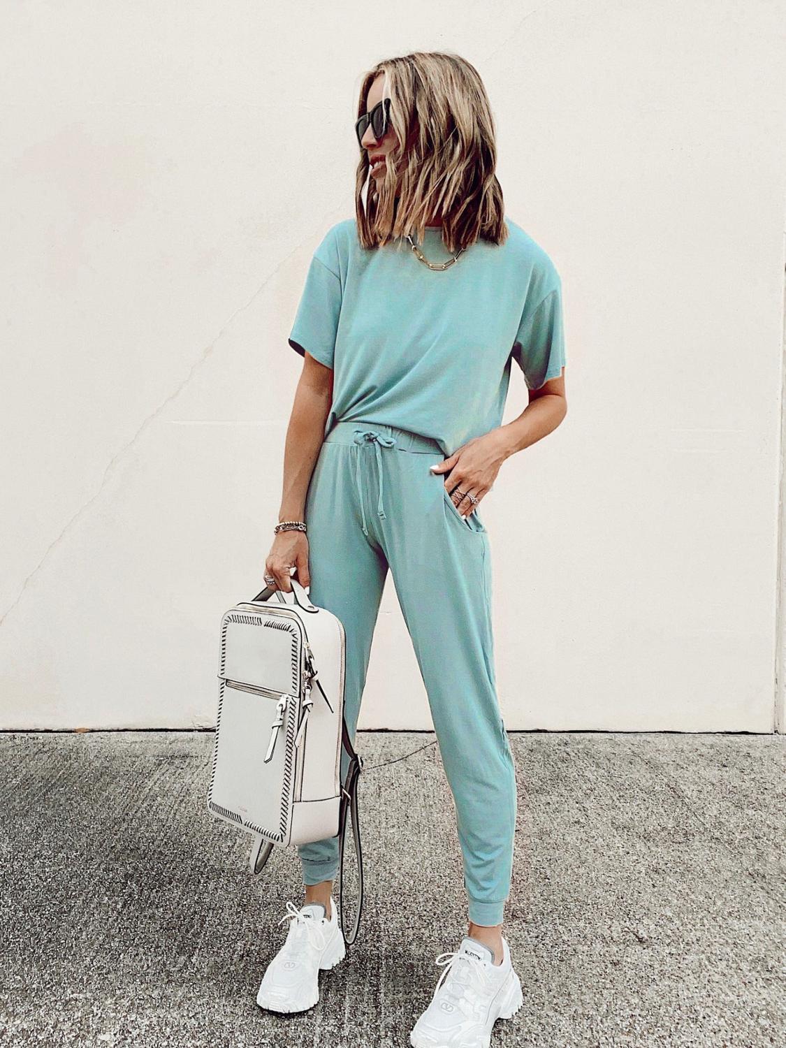 Women Tracksuits Set Lounge Wear Short Sleeve Tops and Long Pants Sweat Suits Elastic Waist Casual Solid Outfits 2 Pieces Set T200808