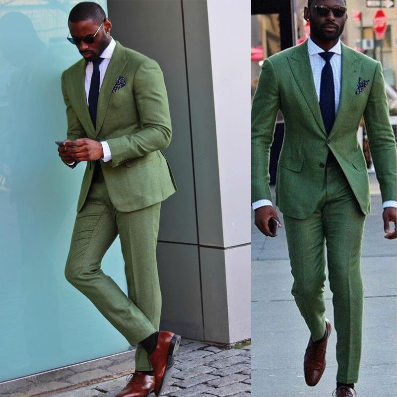 Fashion Green Groom Wedding Tuxedos Peaked Lapel Groomsmen Best Men Wear Formal Dinner Prom Party Blazer Suits(Jacket+Pants)
