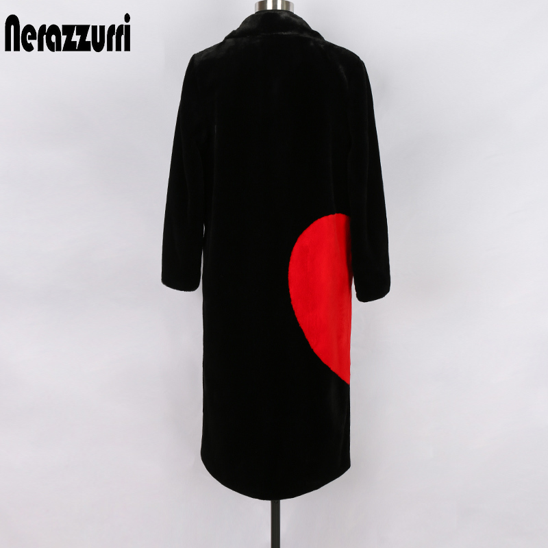 Nerazzurri winter black long faux fur coat with red love hearts long sleeve notched lapel plus size warm fluffy jacket 5xl 6xl