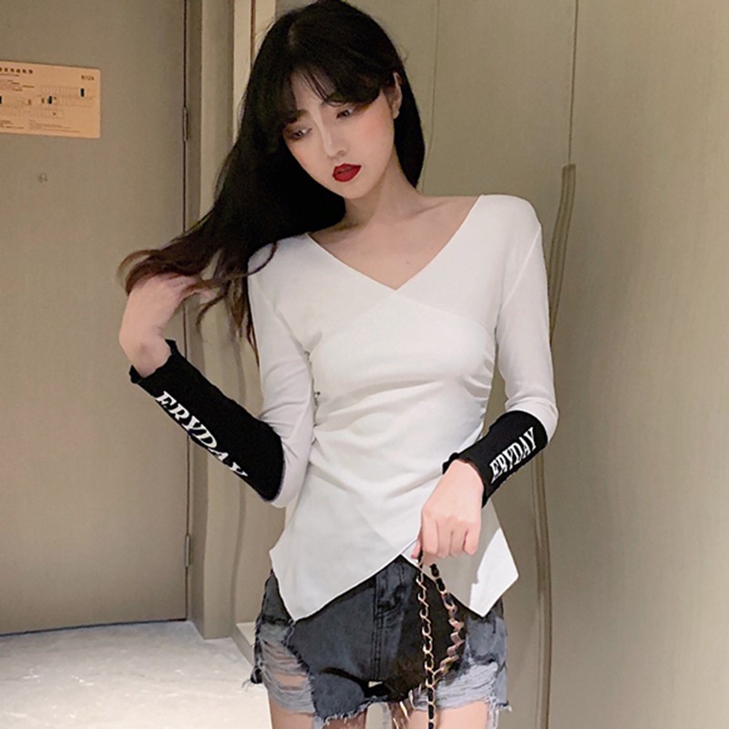 blackday fashion letter stitching slim t-shirt v-neck long-sleeved women irregular tee shirts casual new, White
blackday fashion letter stitching slim t-shirt v-neck long-sleeved women irregular tee shirts casual new, White