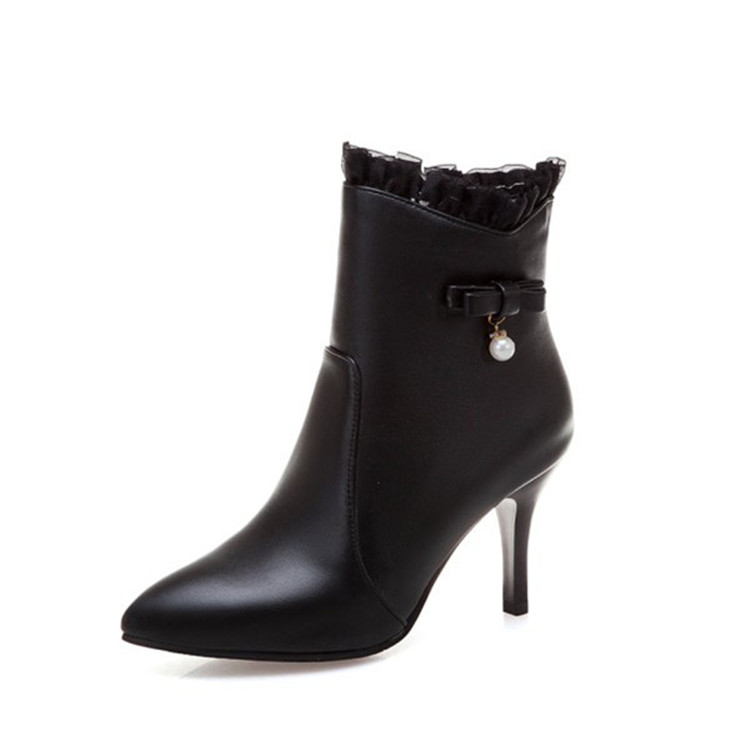 PXELENA Winter Shoes Women Black White Beige Bride Wedding Ankle Boots Stiletto Thin High Heels Ruffles Bow tie Pearl Footwear