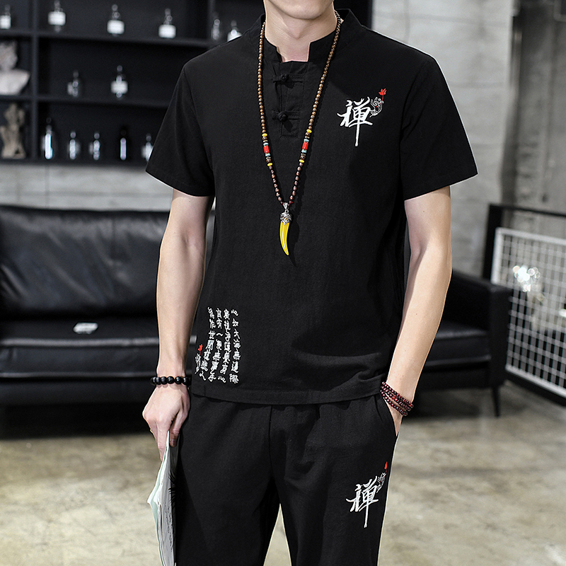 2020 summer men two-piece Cotton and linen short-sleeved men tshirt and drawstring strap Ankle Length pants, Black
2020 summer men two-piece Cotton and linen short-sleeved men tshirt and drawstring strap Ankle Length pants, Black