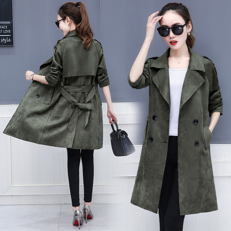 2020 New Spring Autumn Overcoats Women Chamois Trench Coats Long Sleeve Fashion Turn-down Collar Clothing Mid-long Trench L100