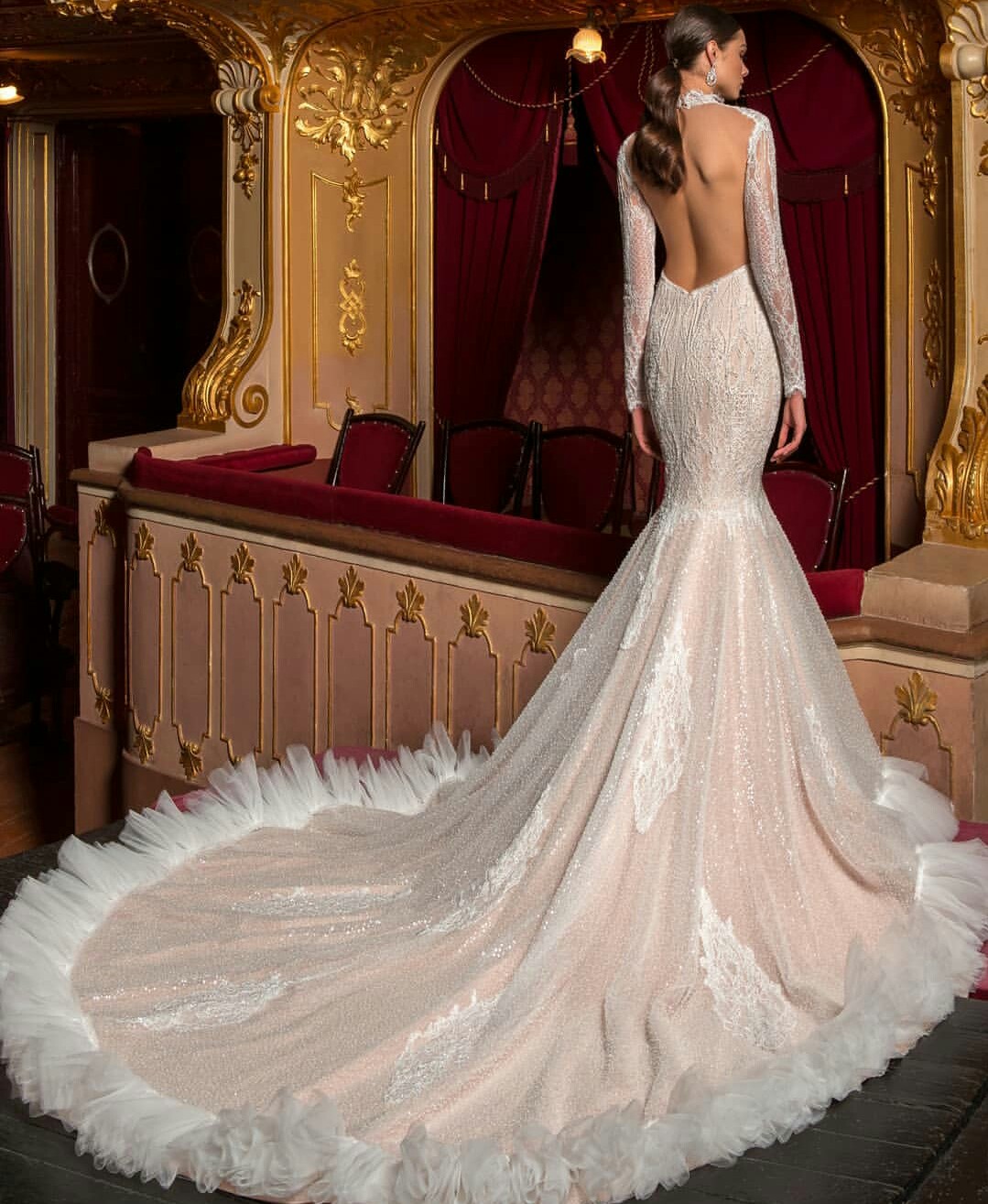 High Neck Lace Mermaid Wedding Dresses Backless Long Sleeve Ruffles Bridal Gowns Plus Size Wedding Dress robes de mariée