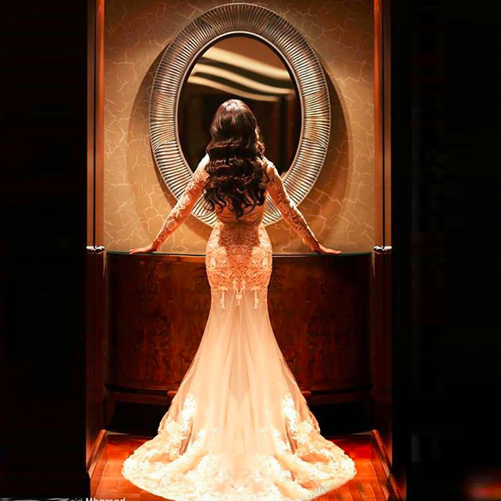 New Mermaid Evening Gowns Long vestido de festa longo robe de soiree Sweetheart Champagne Cheap Long Sleeve Prom Dresses