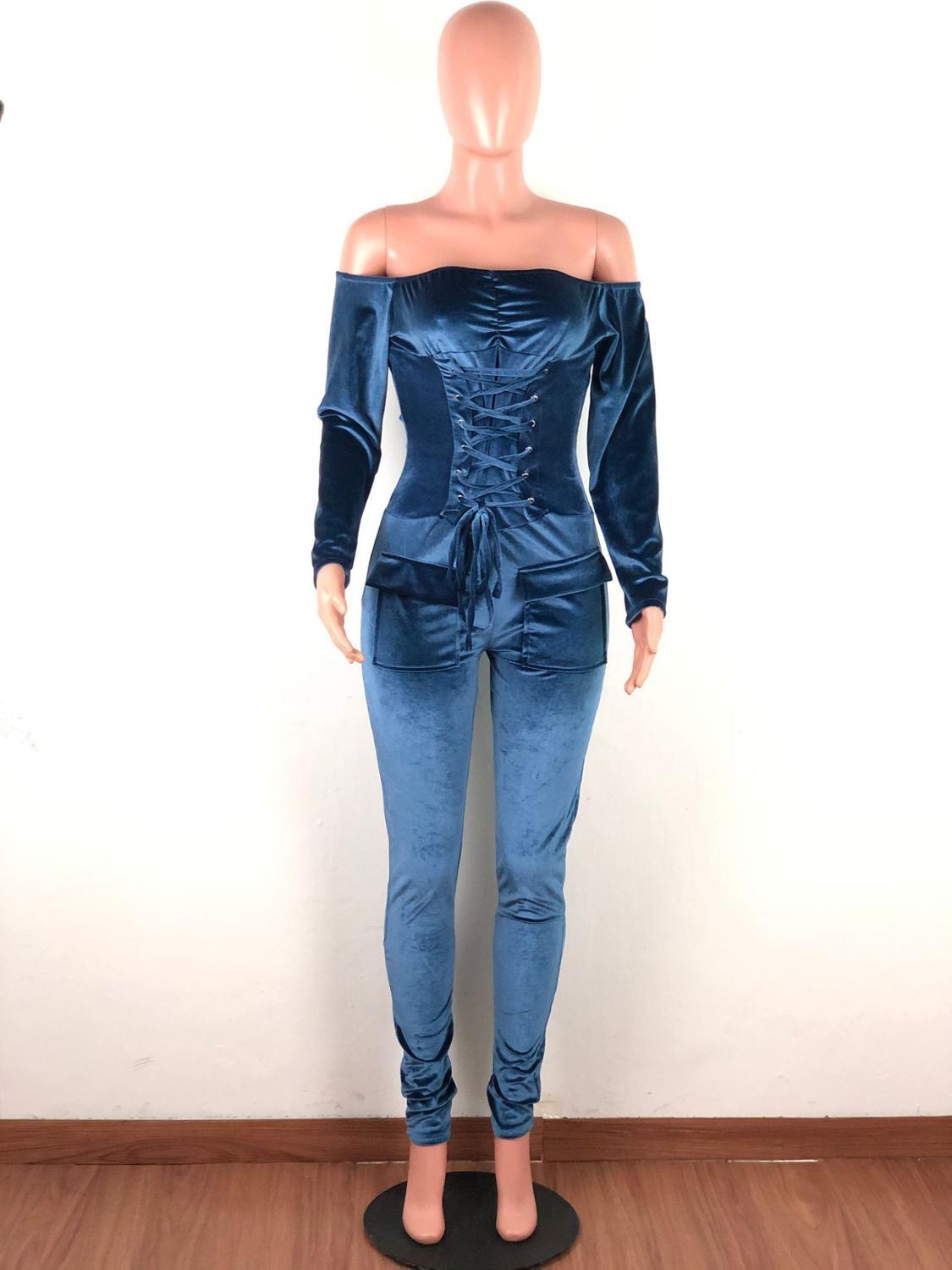Elegant Off Shoulder Velvet Jumpsuit Women Long Sleeve Lace Up Gromment Bodycon Jumpsuit Sexy Bandage Club Outfit Romper 2XL T200808