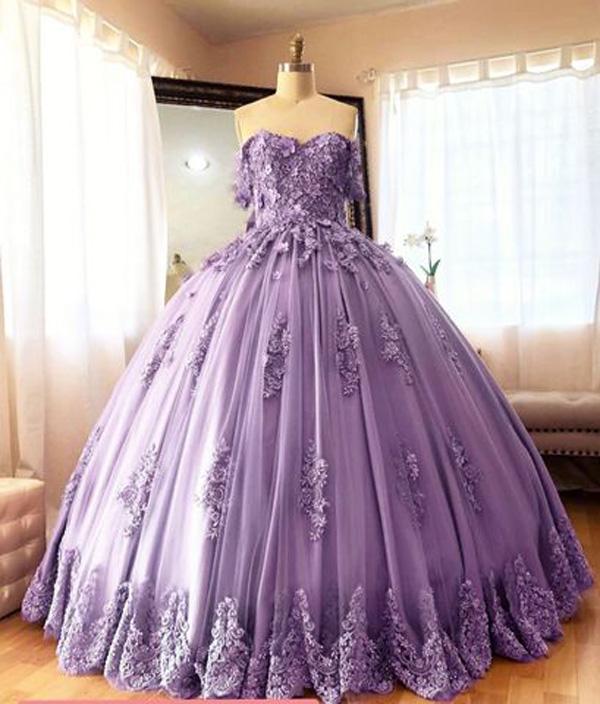 2020 Modern Purple Prom Quinceanera Dresses Ball Gowns Hand Made Flowers Lace Applique Off The Shoulder Lace-up Sweet 15 Dress Long