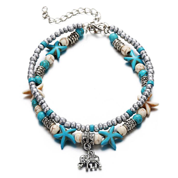 Double Anklet Conch Starfish Rice Bead Yoga Beach Turtle Pendant Anklet Bracelet GD543