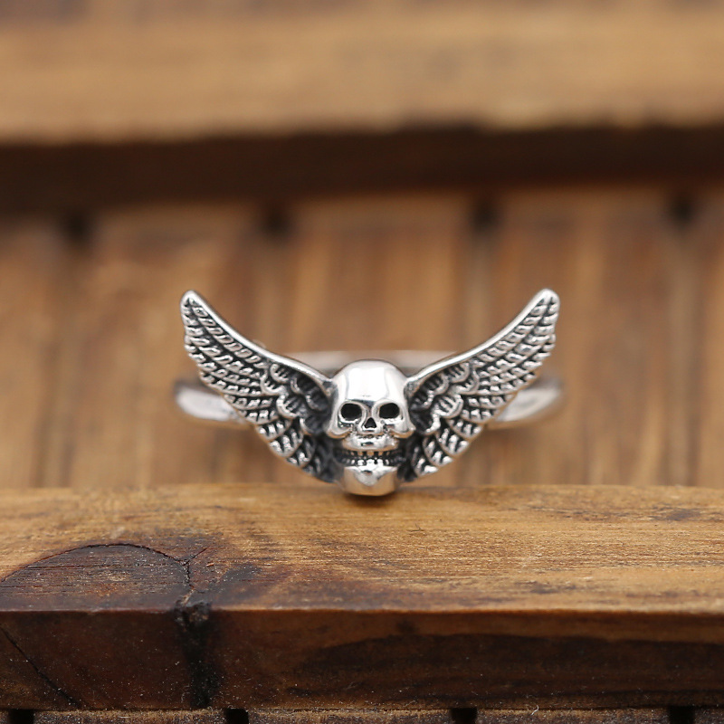 Vintage style 925 sterling silver handmade jewelry American European designer antique silver skull wing band rings for women free shipping
