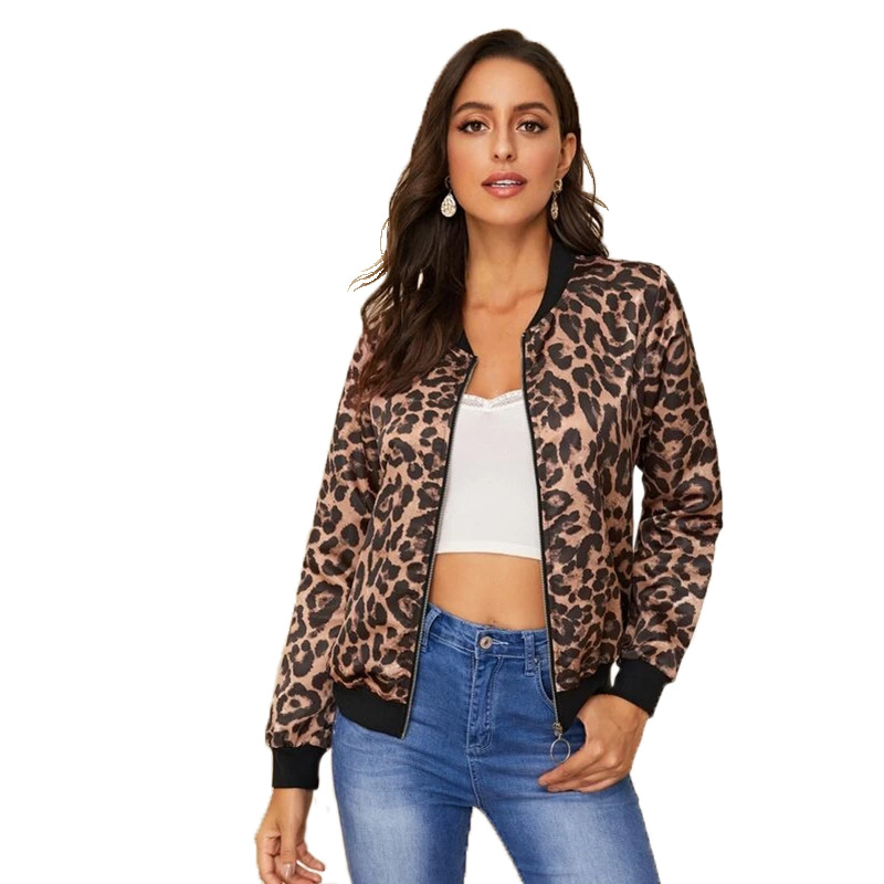 2020 Spring Leopard Print O-Ring Zip Up Bomber Jacket Women Fall Streetwear Ladies Jackets Stand Collar Casual Office Outerwear