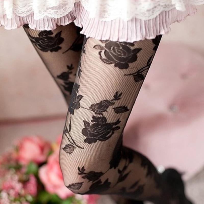 Socks & Hosiery Sexy Rose Tights Women Collant Femme Thin Sheer Pantyhose Hollow Out Tattoo Medias Fantaisie