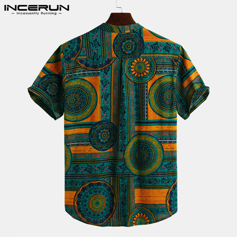 Men Shirt Ethnic Style Print Short Sleeve Stand Collar Camisa Masculina Casual Tops Streetwear Men Hawaiian Shirts INCERUN 200925