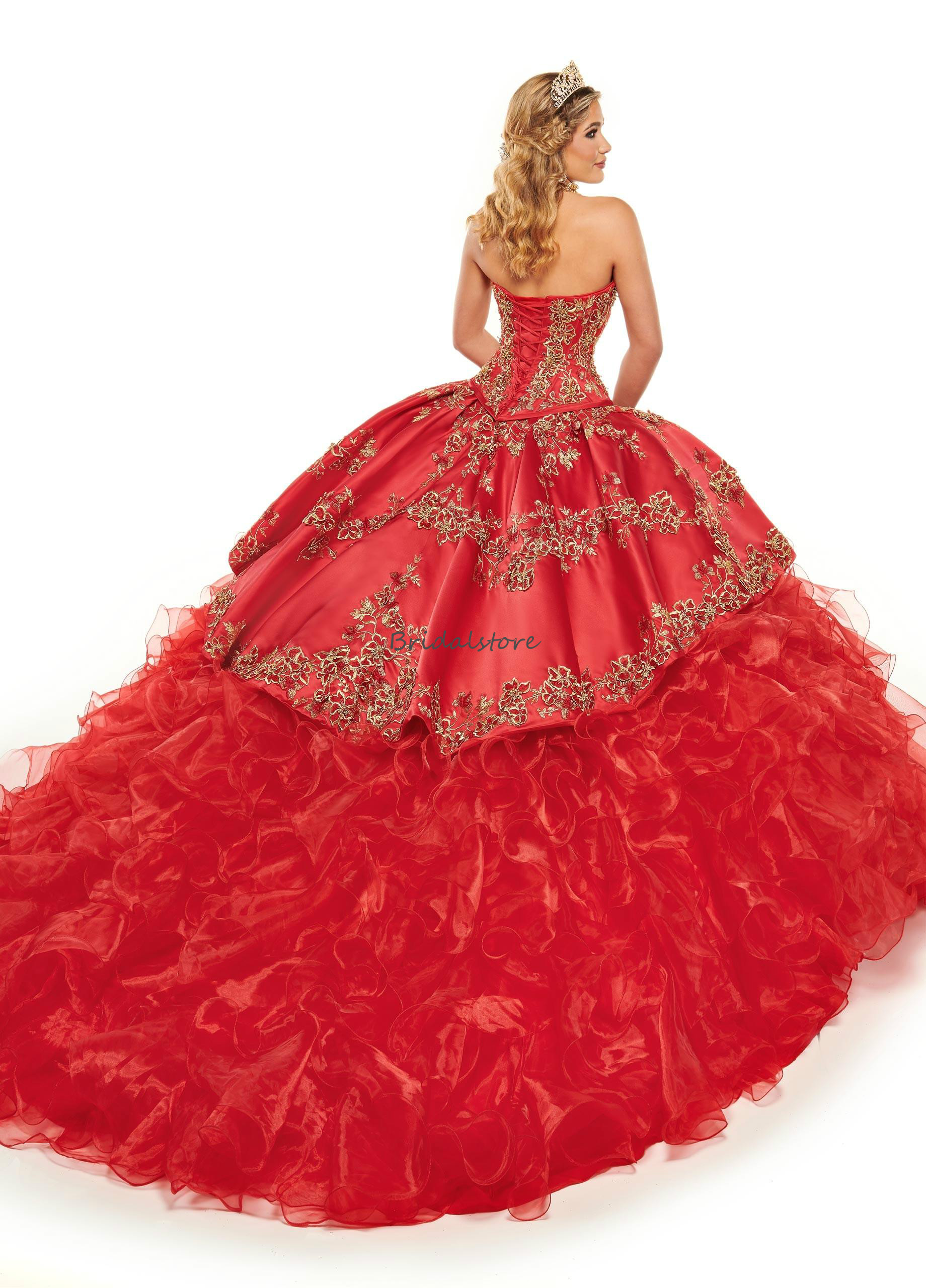 Red Princess Quinceanera Dresses With Embroidery 2021 Sweethart Organza Ruffles Tiered Masquerade Prom Party Dresses Vintage Sweet 16 Dress
